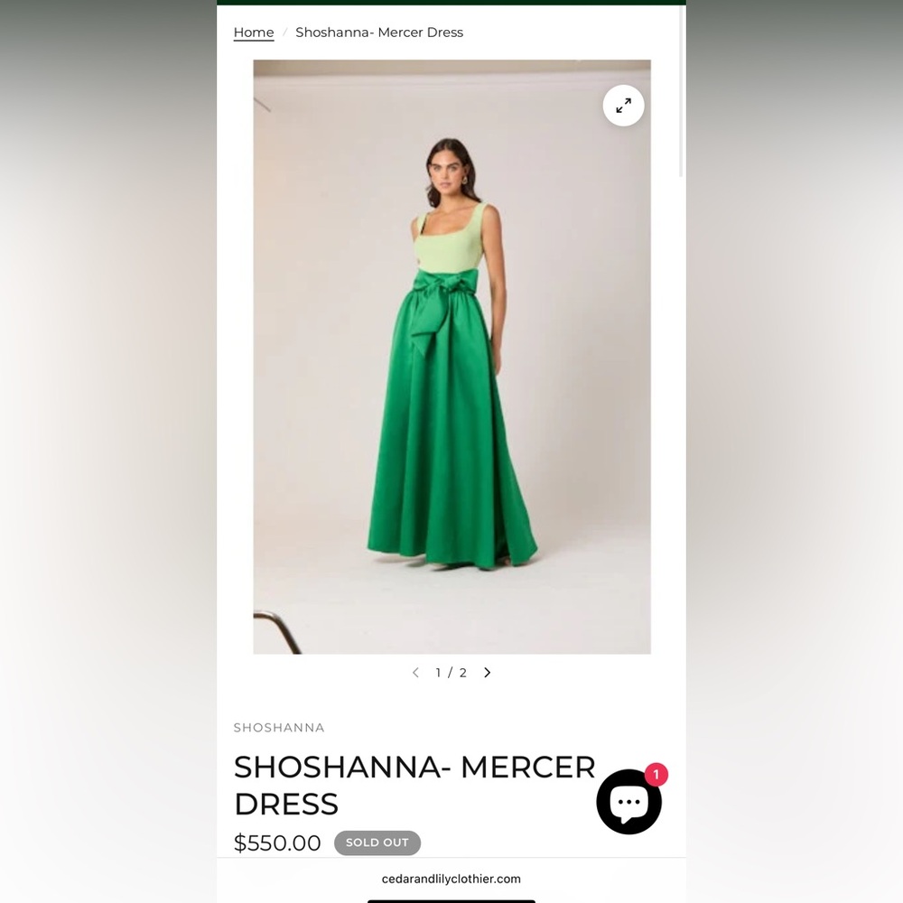 Long formal green dress. Cedar and lily SHOSHANNA- MERCER DRESS.